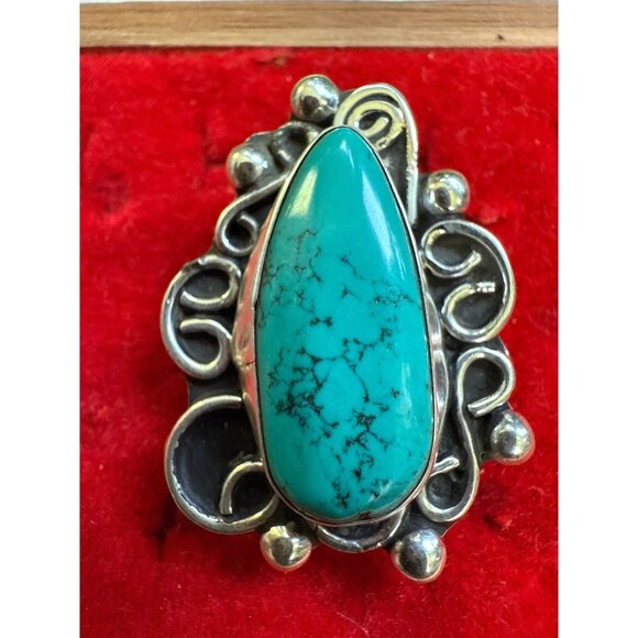 Sterling Silver & Turquoise Ring Intricate Design - Size 6 Adjustable - Picture 4 of 8